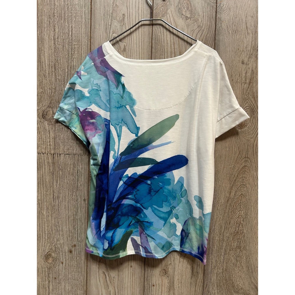 Chico's Size 3 XL White Blue Watercolor Floral Slub Knit Short Sleeve Tee Shirt - Picture 6 of 6
